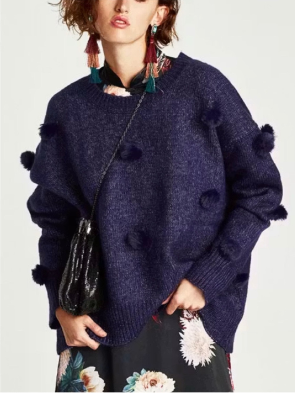 Zara Navy Pom-Pom Crewneck Sweater- Alpaca Blend
